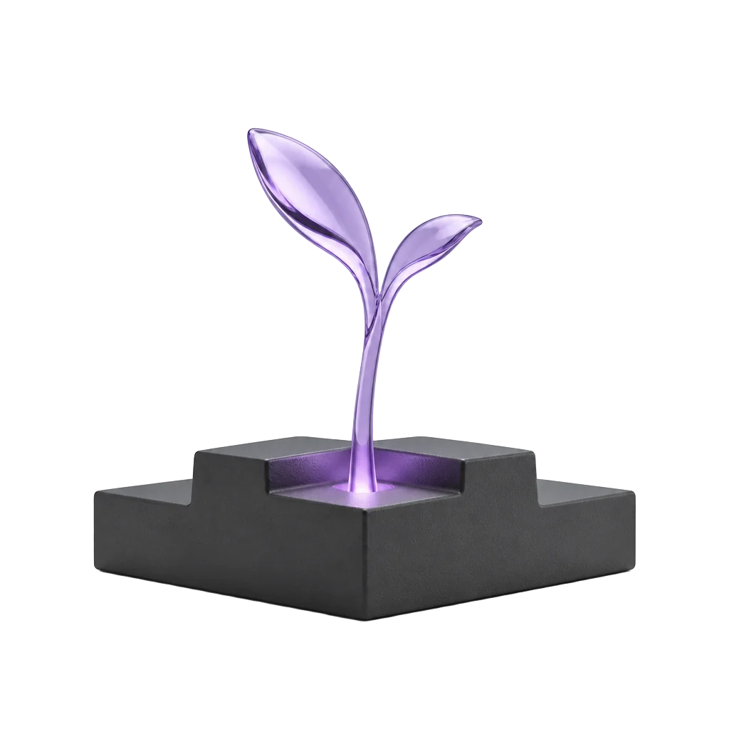 Bloc de départ en obsidienne d'où s'élève une pousse de verre violet