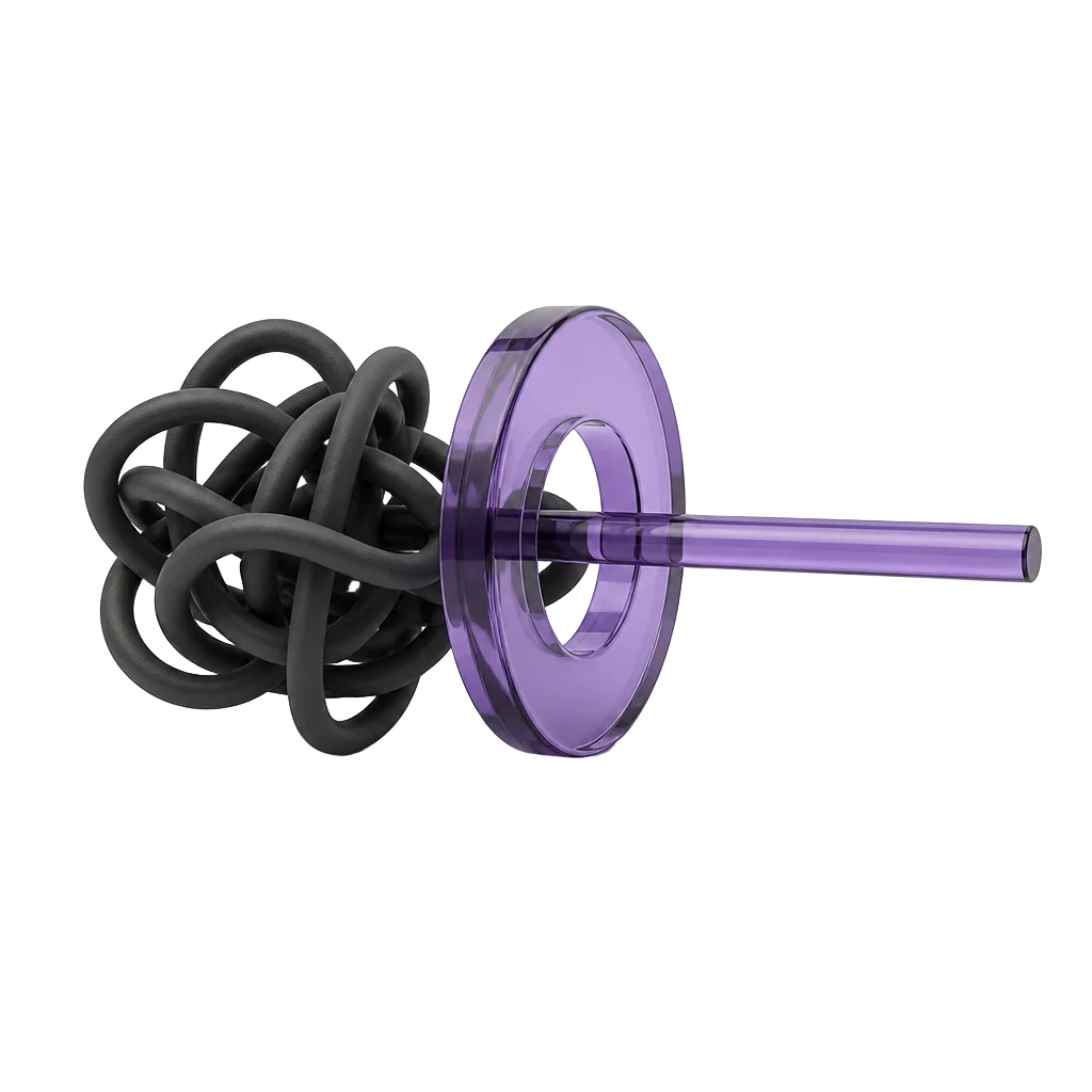 Un câble de graphite emmêlé traversant un anneau de verre violet et ressortant droit