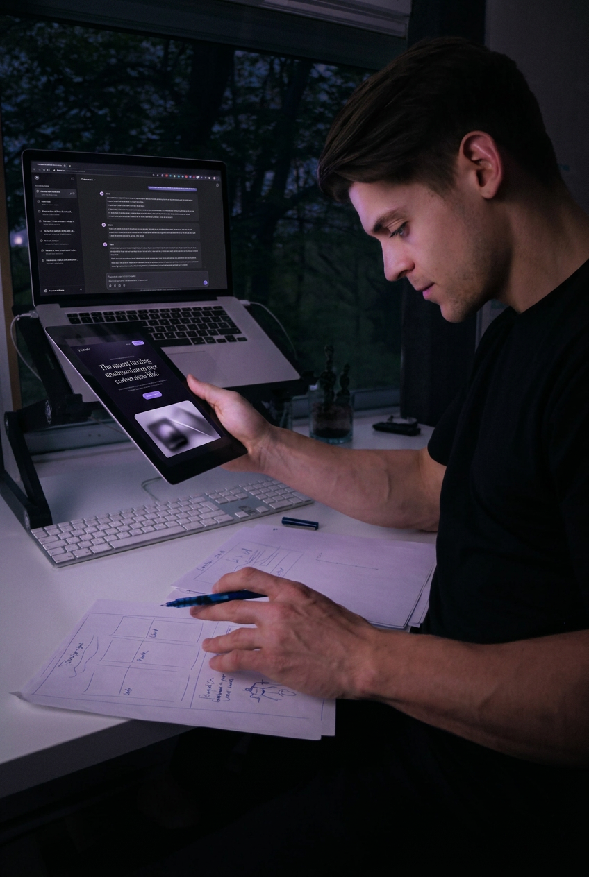 David Bernier au travail en soirée, un assistant IA ouvert sur le portable et une page sombre sur la tablette