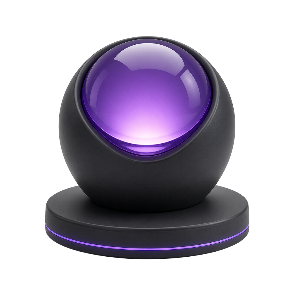 Un seul module de graphite avec une sphère de verre violet lumineuse sur un socle éclairé