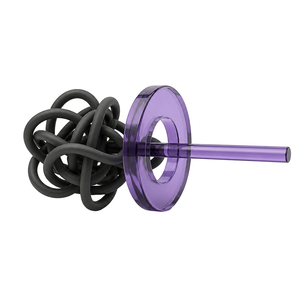 Un câble de graphite emmêlé traversant un anneau de verre violet et ressortant droit