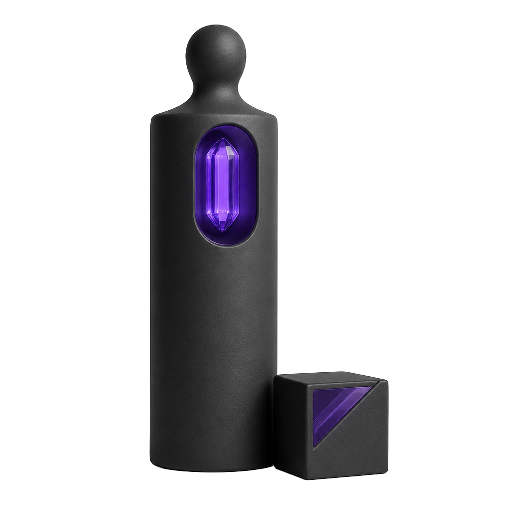 Un agent de graphite unique au cœur violet lumineux, à côté d'un bloc de verre violet résolu