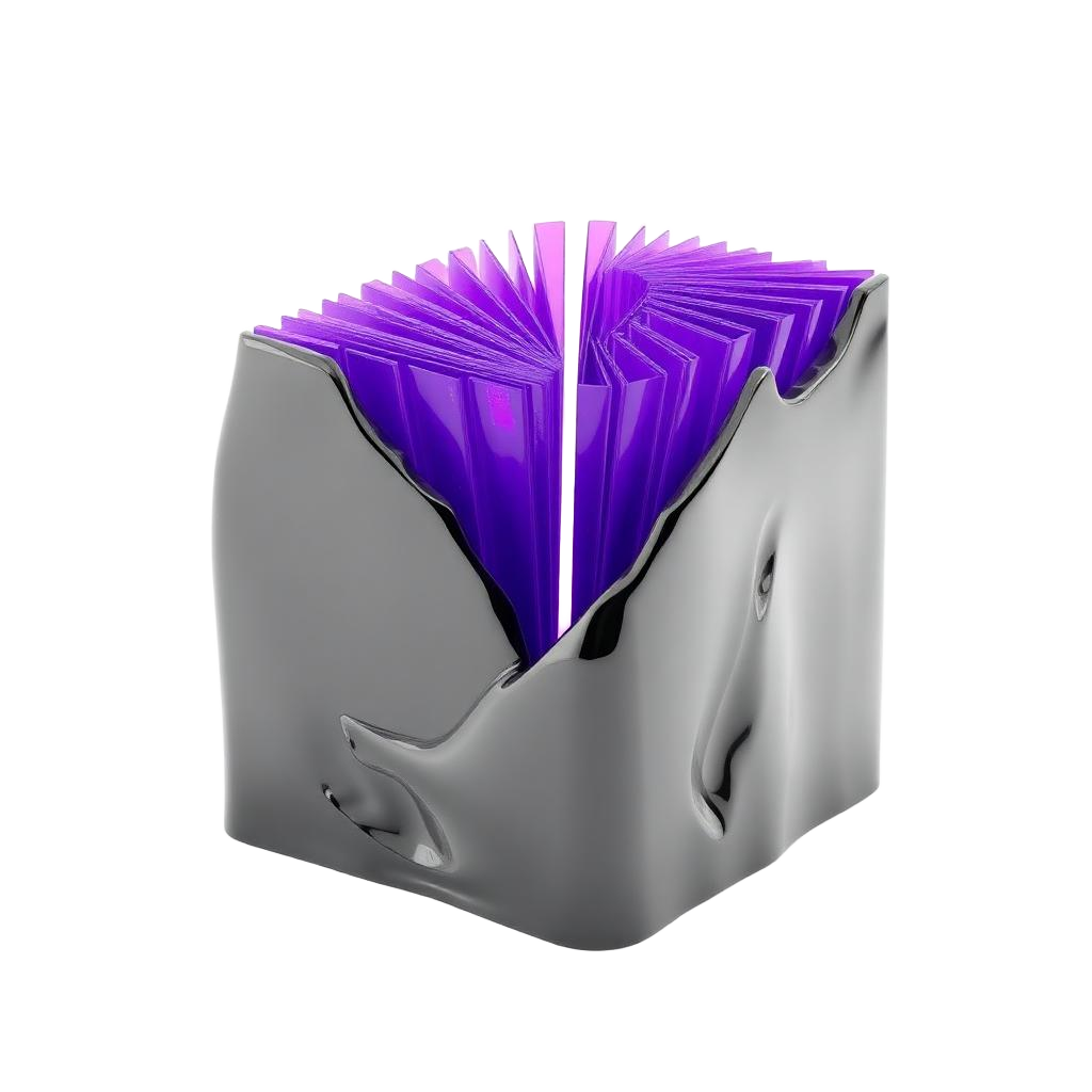 Bloc d'obsidienne s'ouvrant sur des pages de verre violet