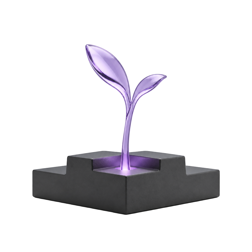 Bloc de départ en obsidienne d'où s'élève une pousse de verre violet